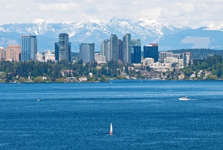 View of the Bellevue city skyline from the water.